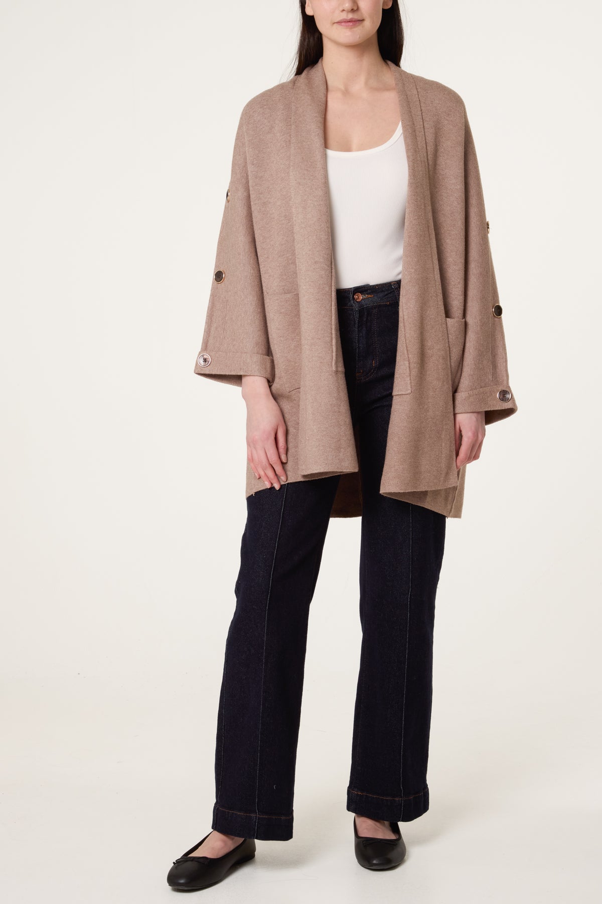 Button Sleeve Open Front Cardigan