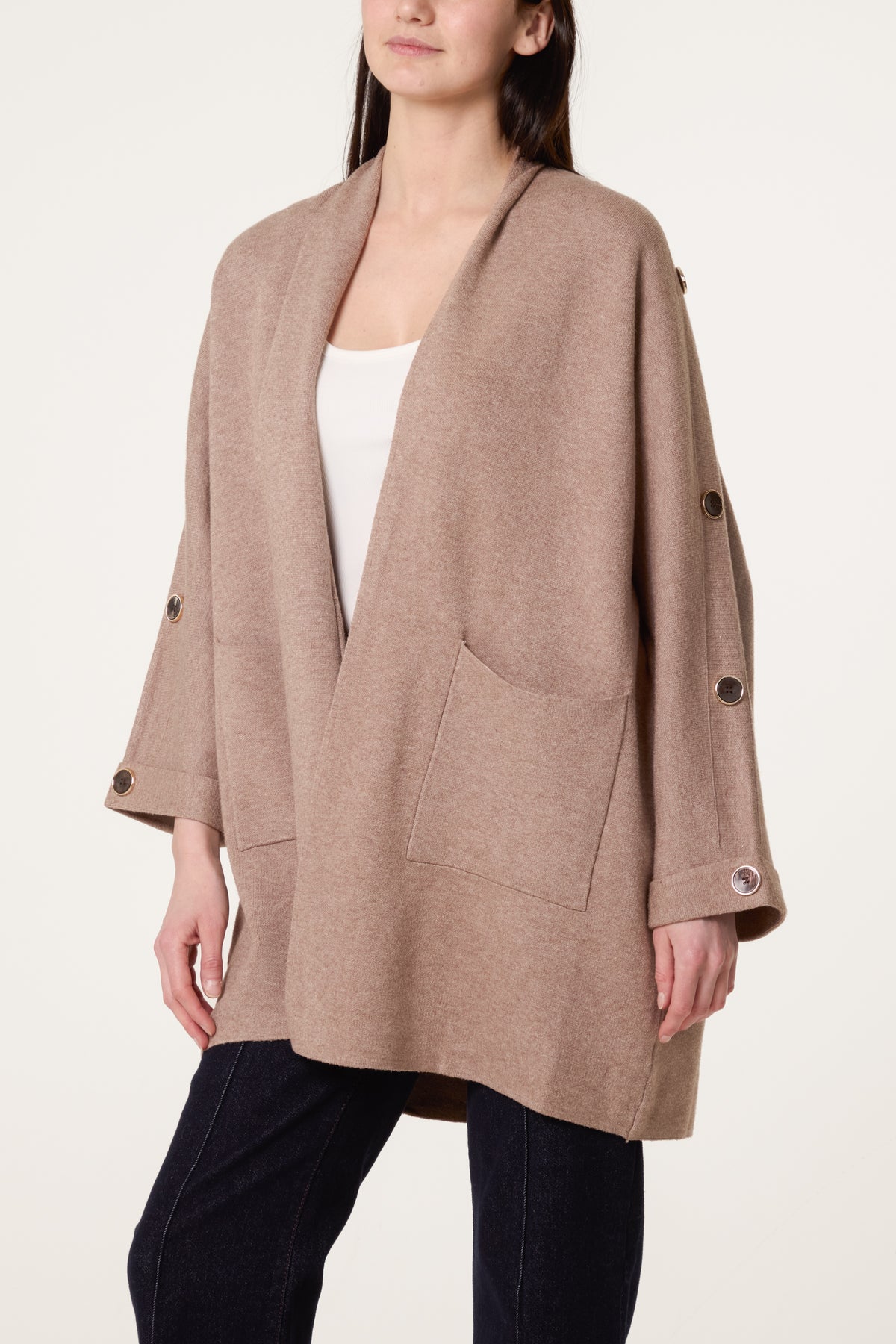 Button Sleeve Open Front Cardigan