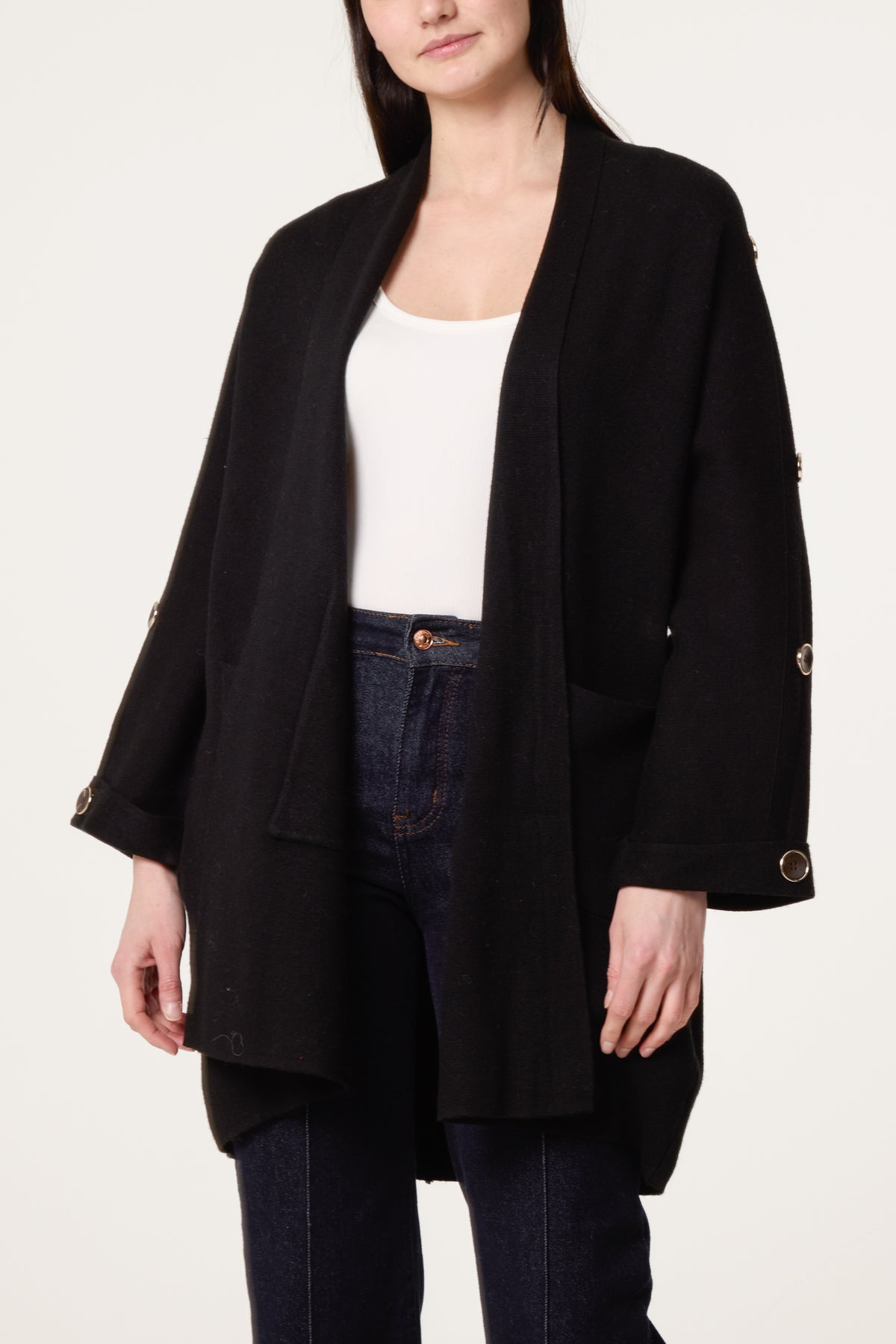 Button Sleeve Open Front Cardigan