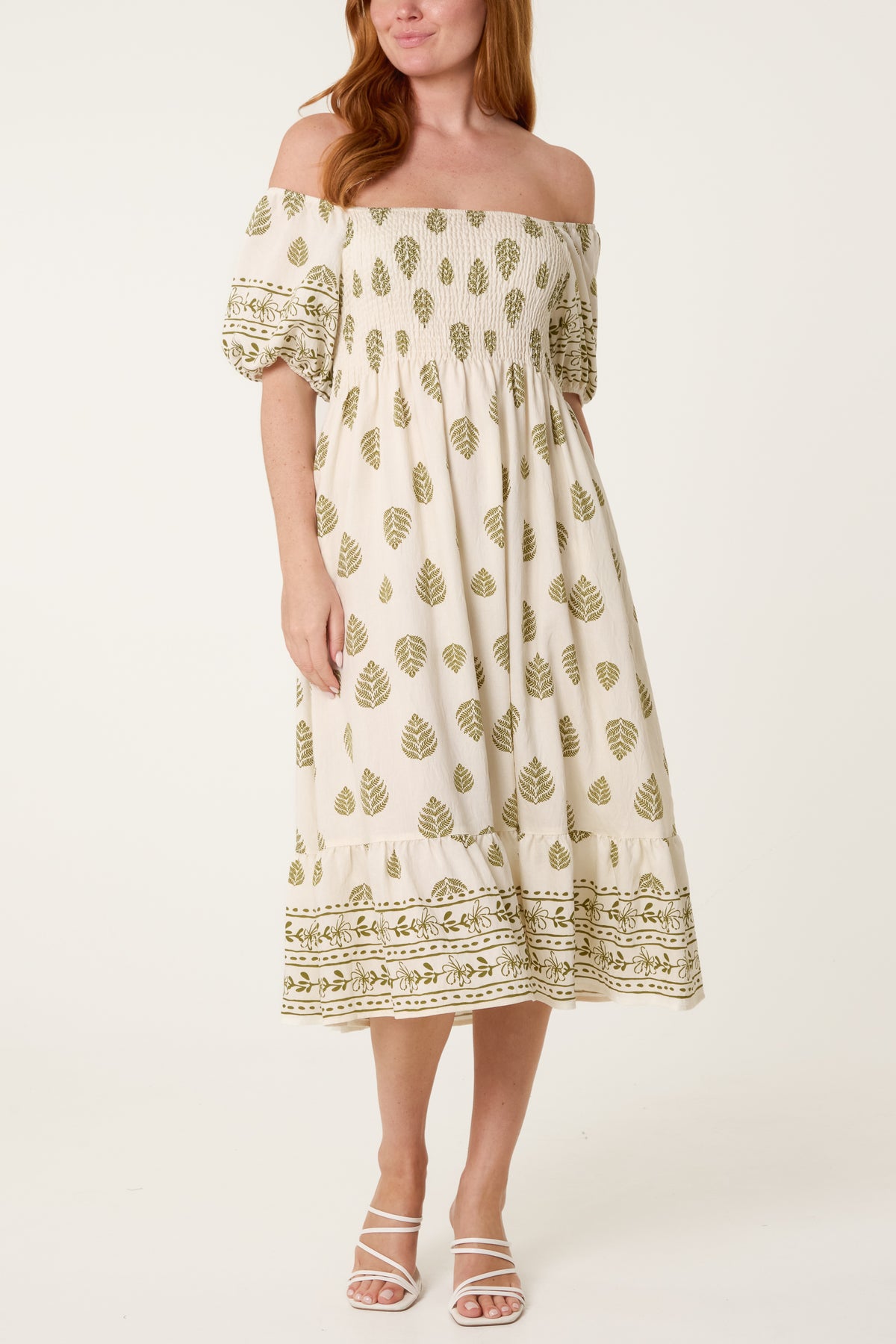 Leaf & Floral Embroidery Puff Sleeve Bardot Dress