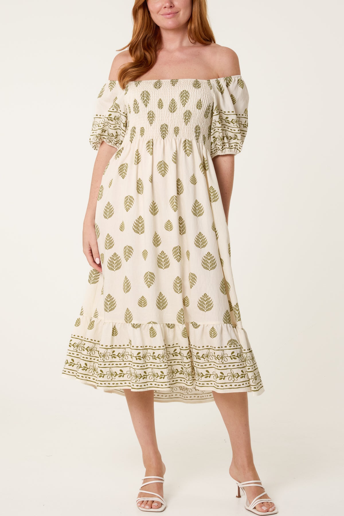 Leaf & Floral Embroidery Puff Sleeve Bardot Dress