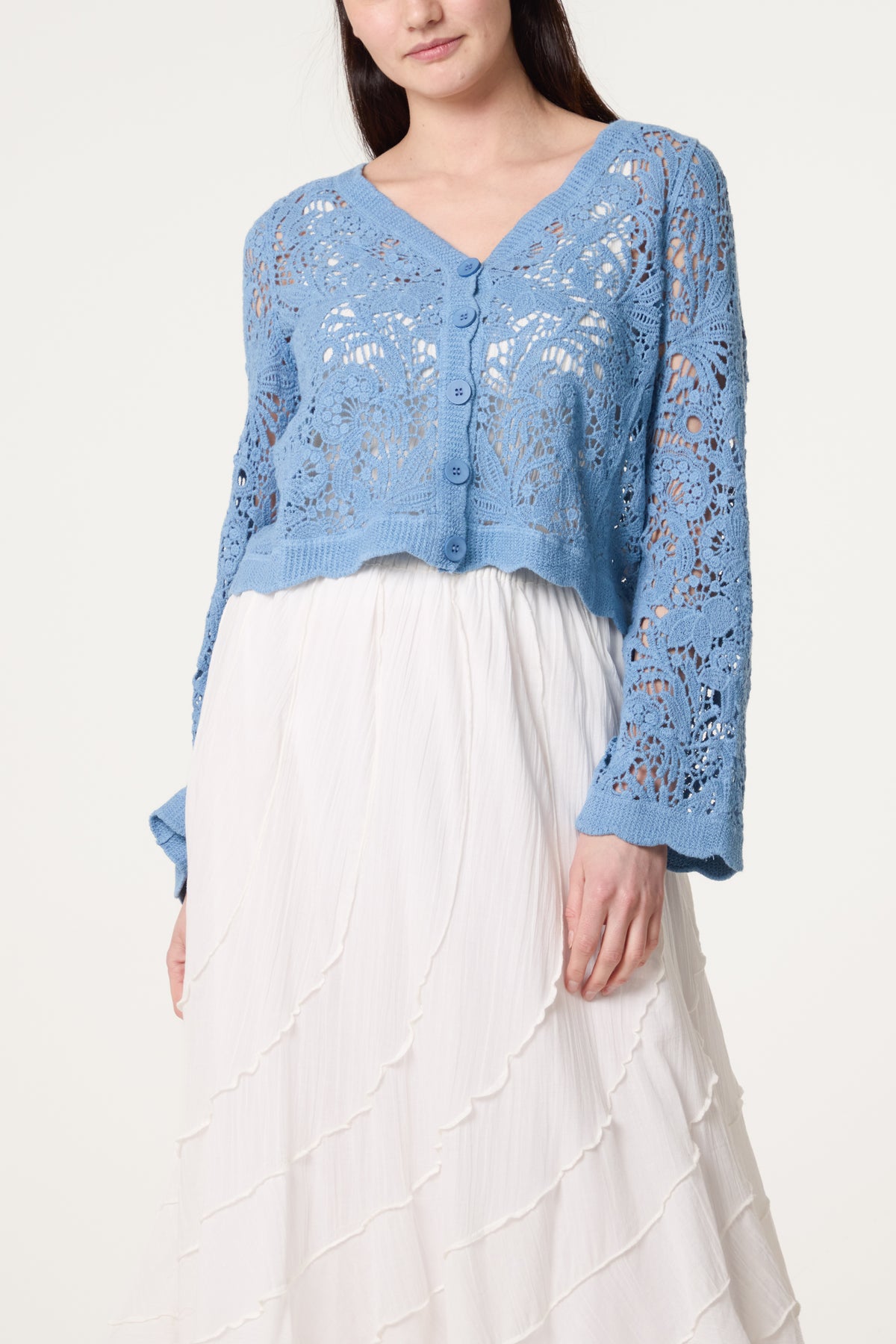 Crochet V Neck Flower Pattern Cardigan