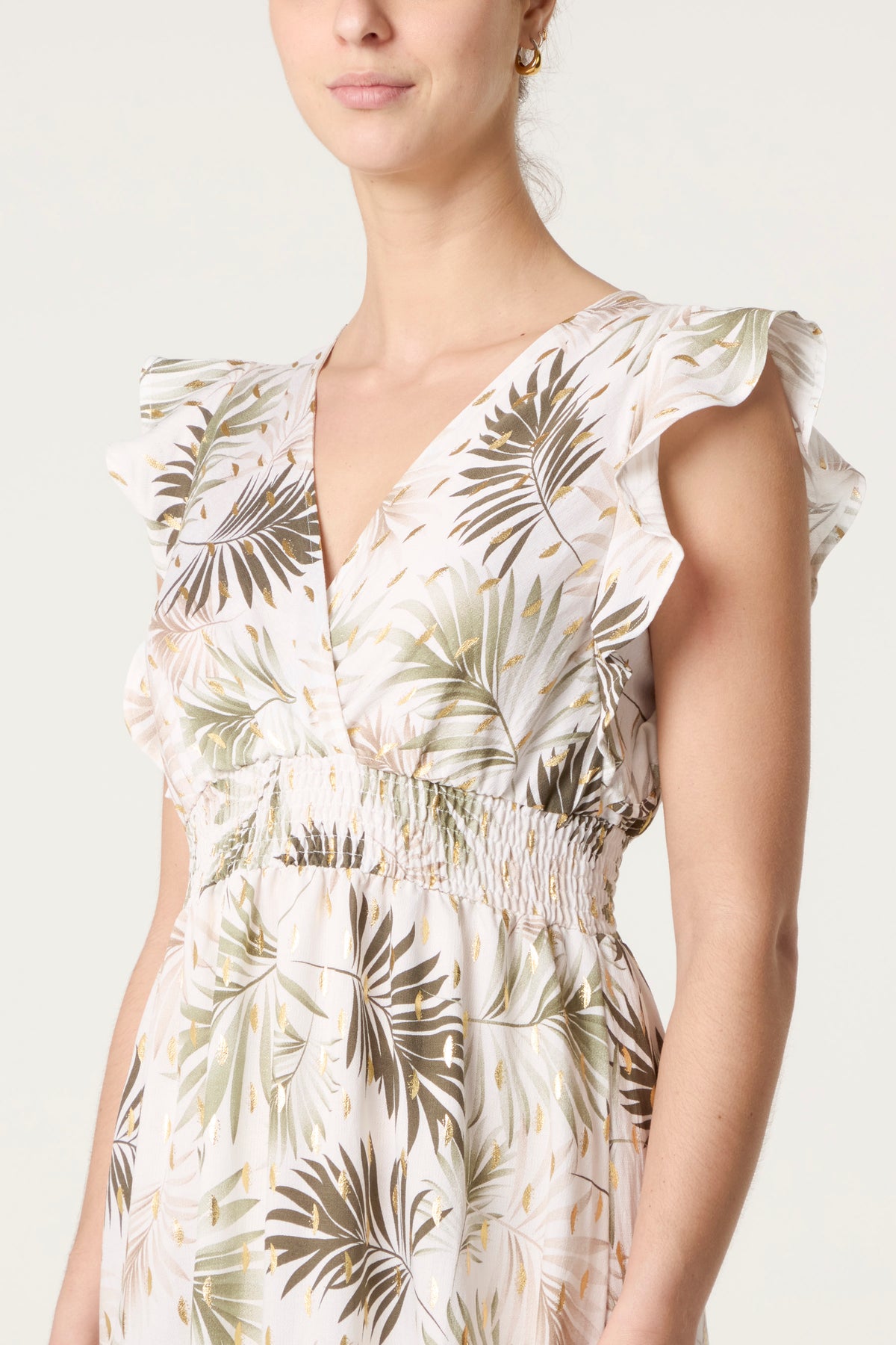 Metallic Detail Shirred Leaf Dress