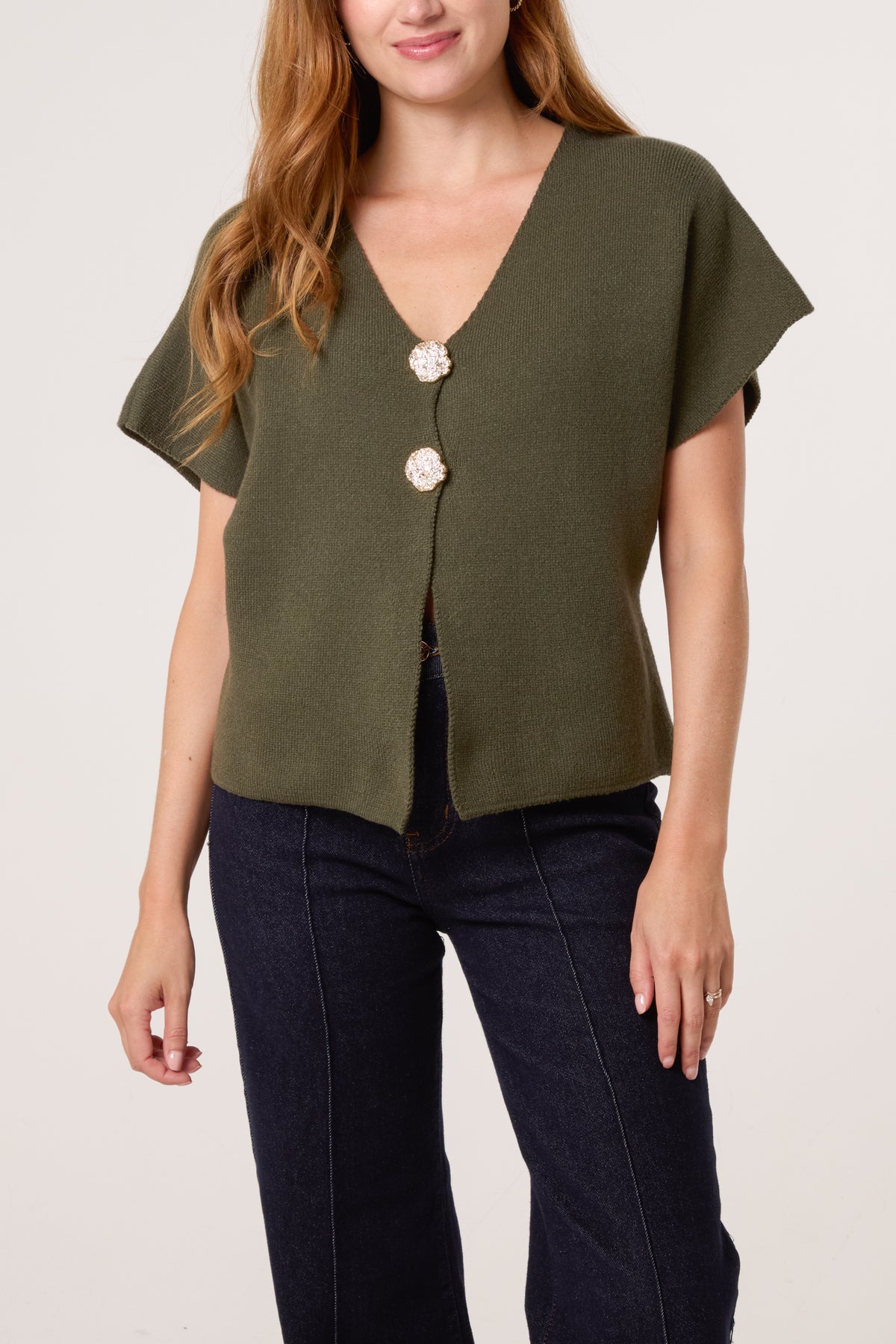Gold Button V-Neck Knit Cardigan