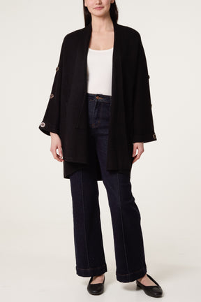 Button Sleeve Open Front Cardigan