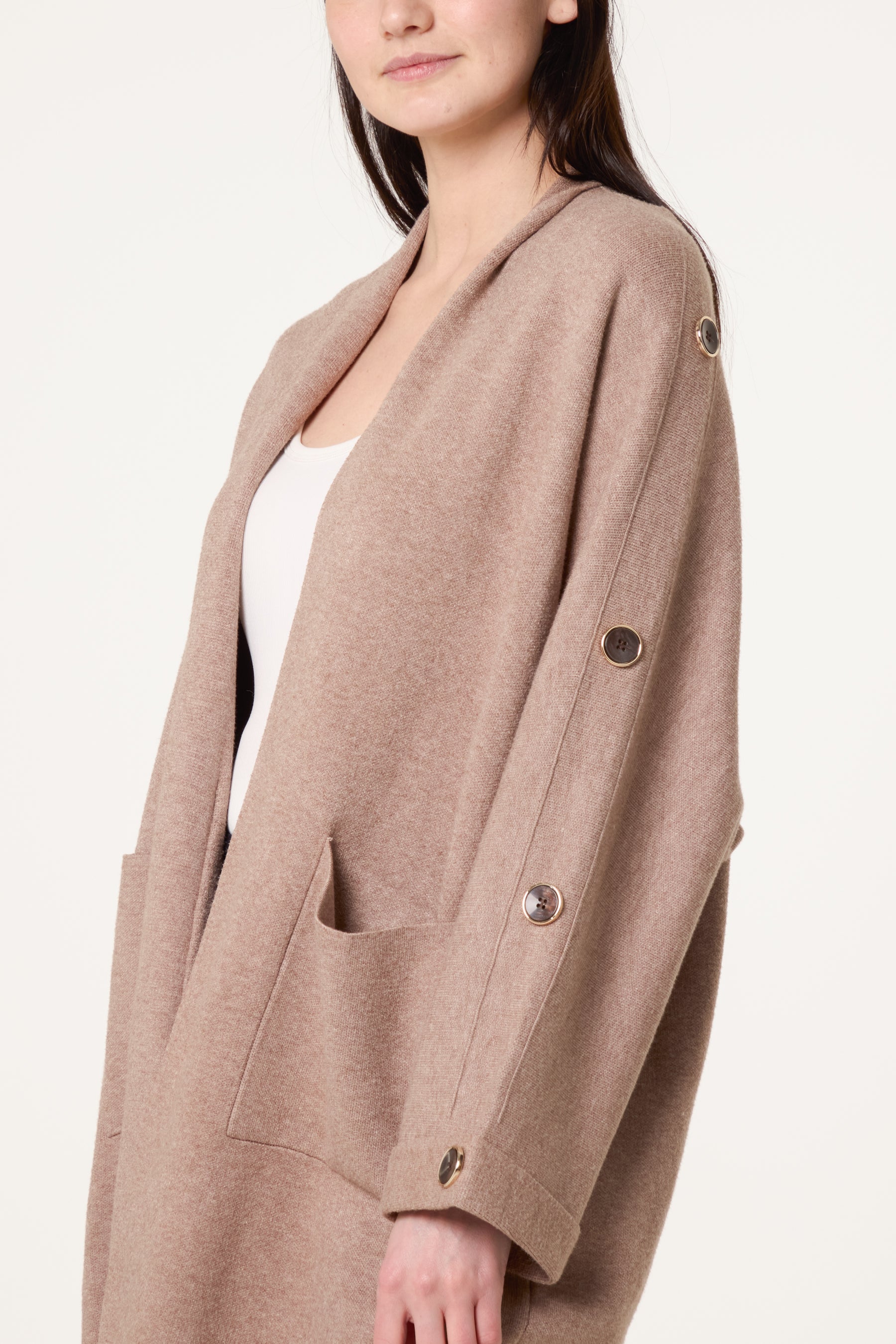 Button Sleeve Open Front Cardigan