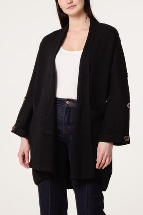 Button Sleeve Open Front Cardigan