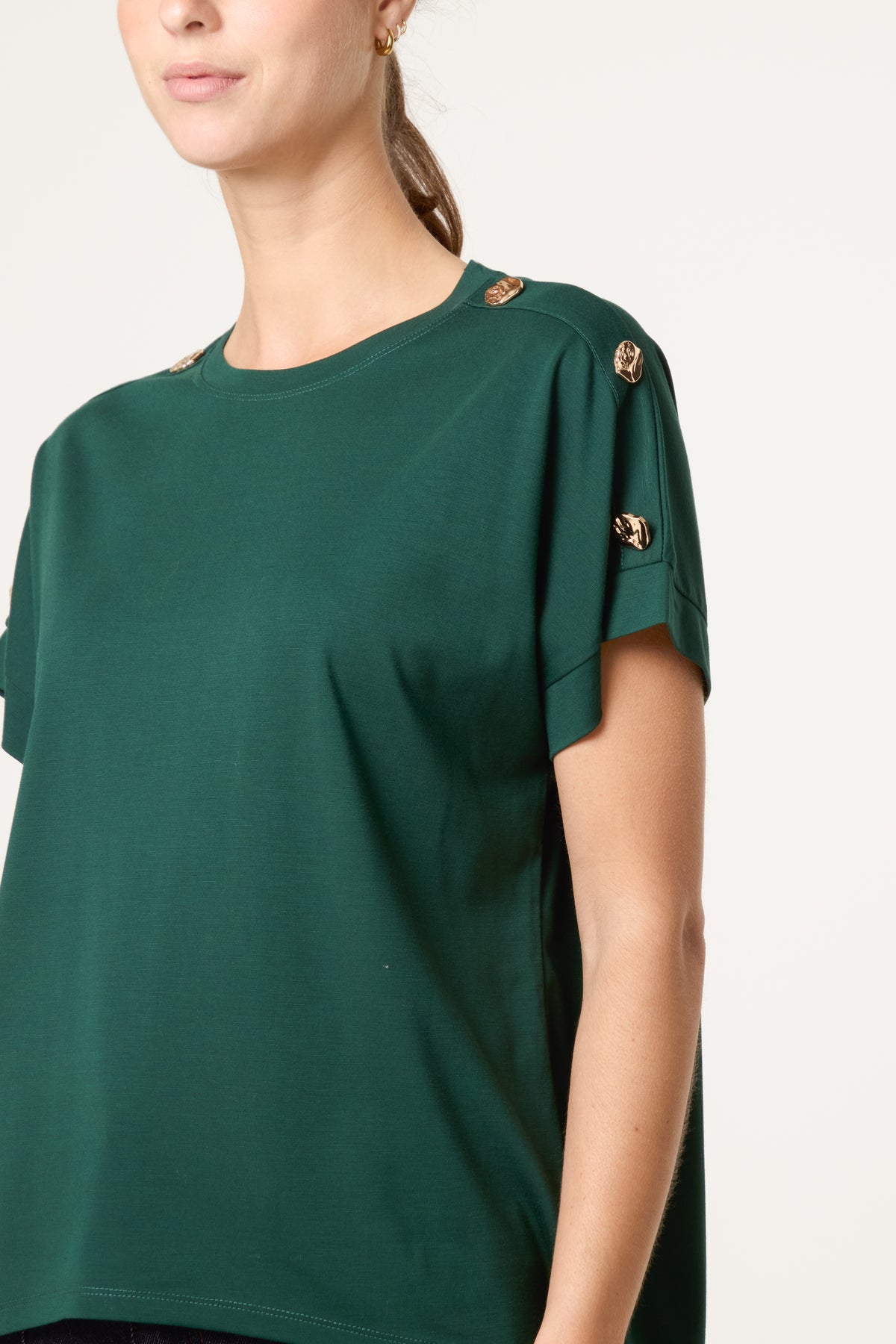 Gold Buttons Detail Round Neck T-Shirt