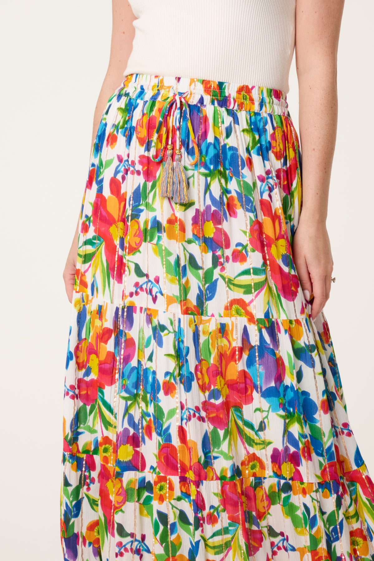 Metallic Detail Bright Floral Maxi Skirt