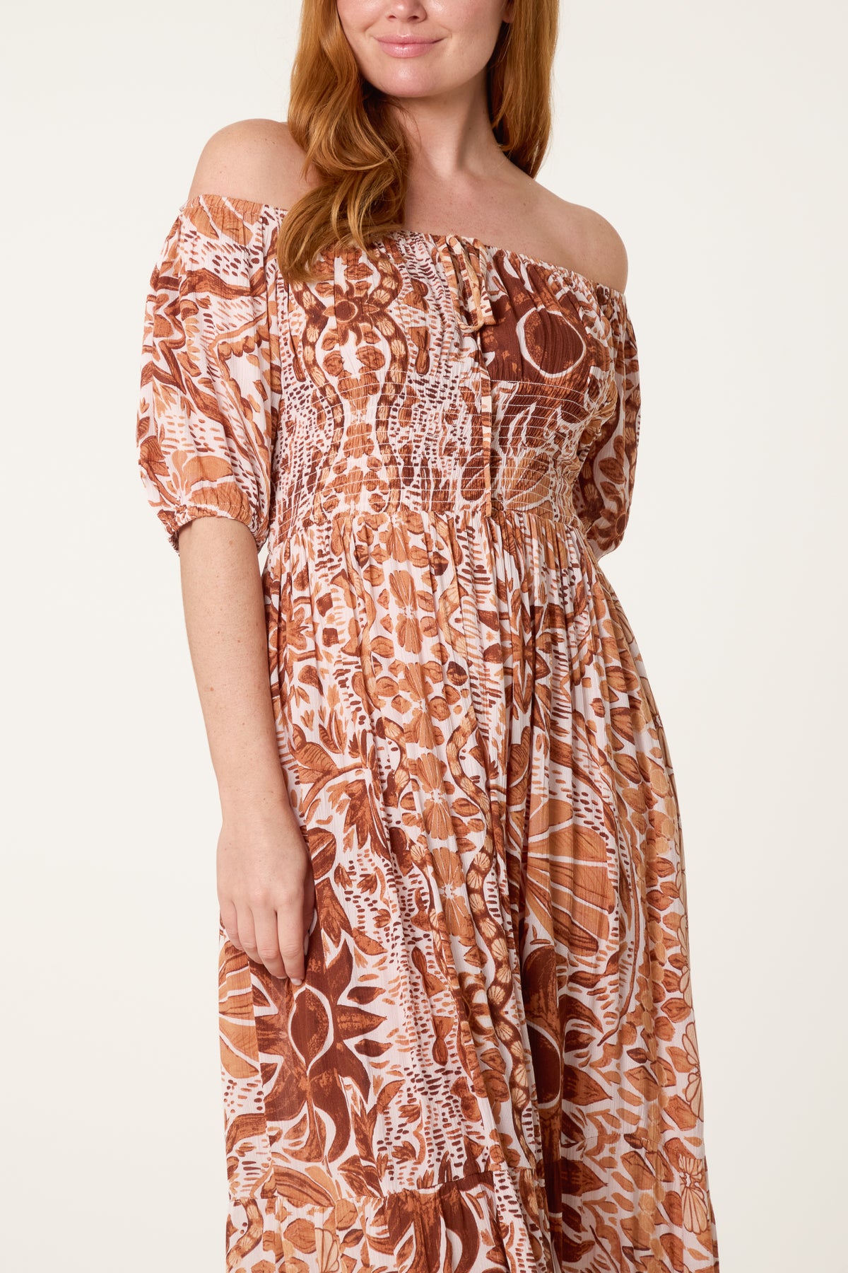 Bardot Shirred Midi Dress
