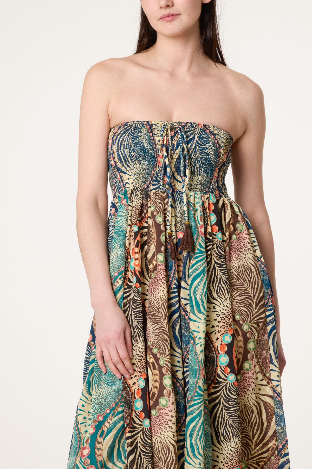 Bandeau Animal Inspired Shirred Dress