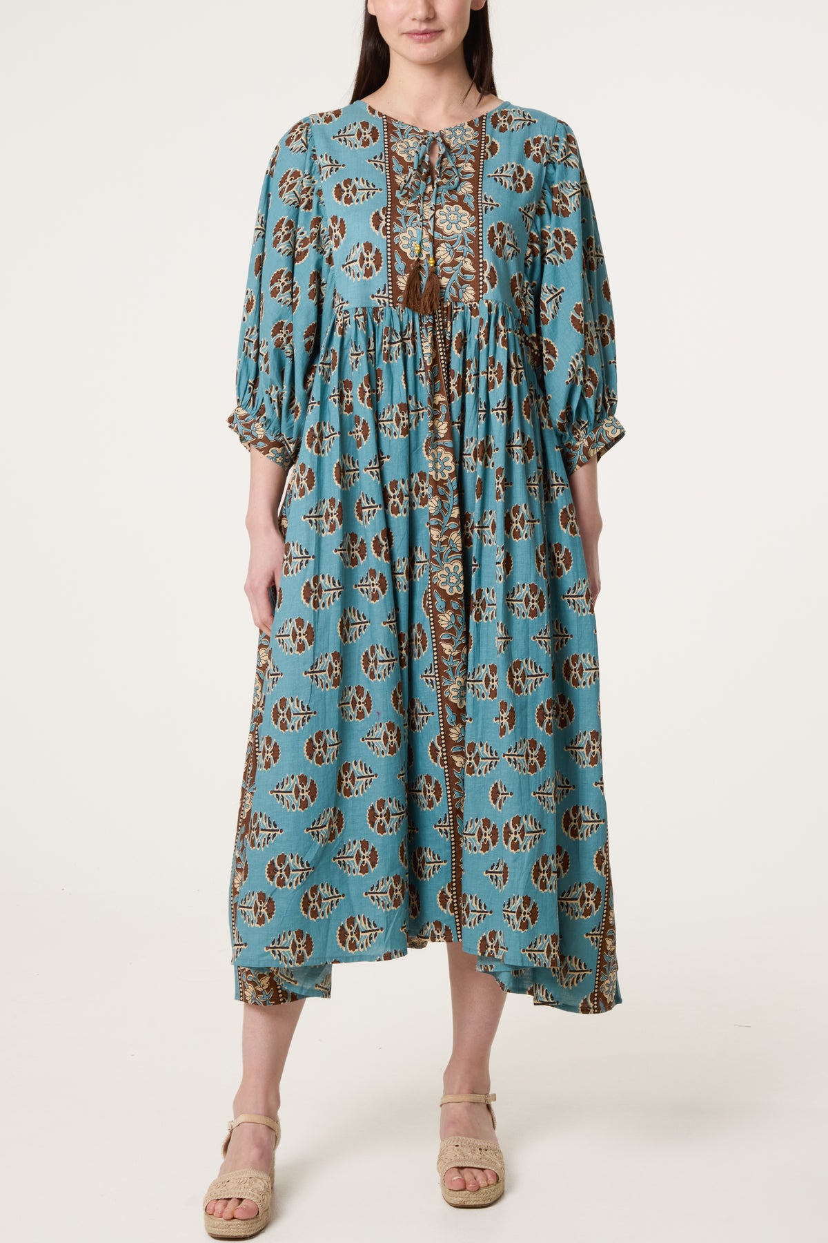 Puff Sleeve V-Neck Patterned Dress