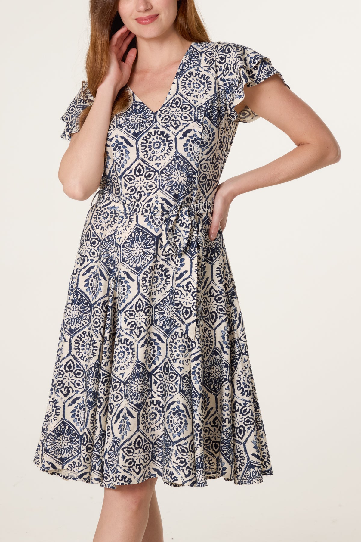 Mosaic Print Tie Front Skater Dress