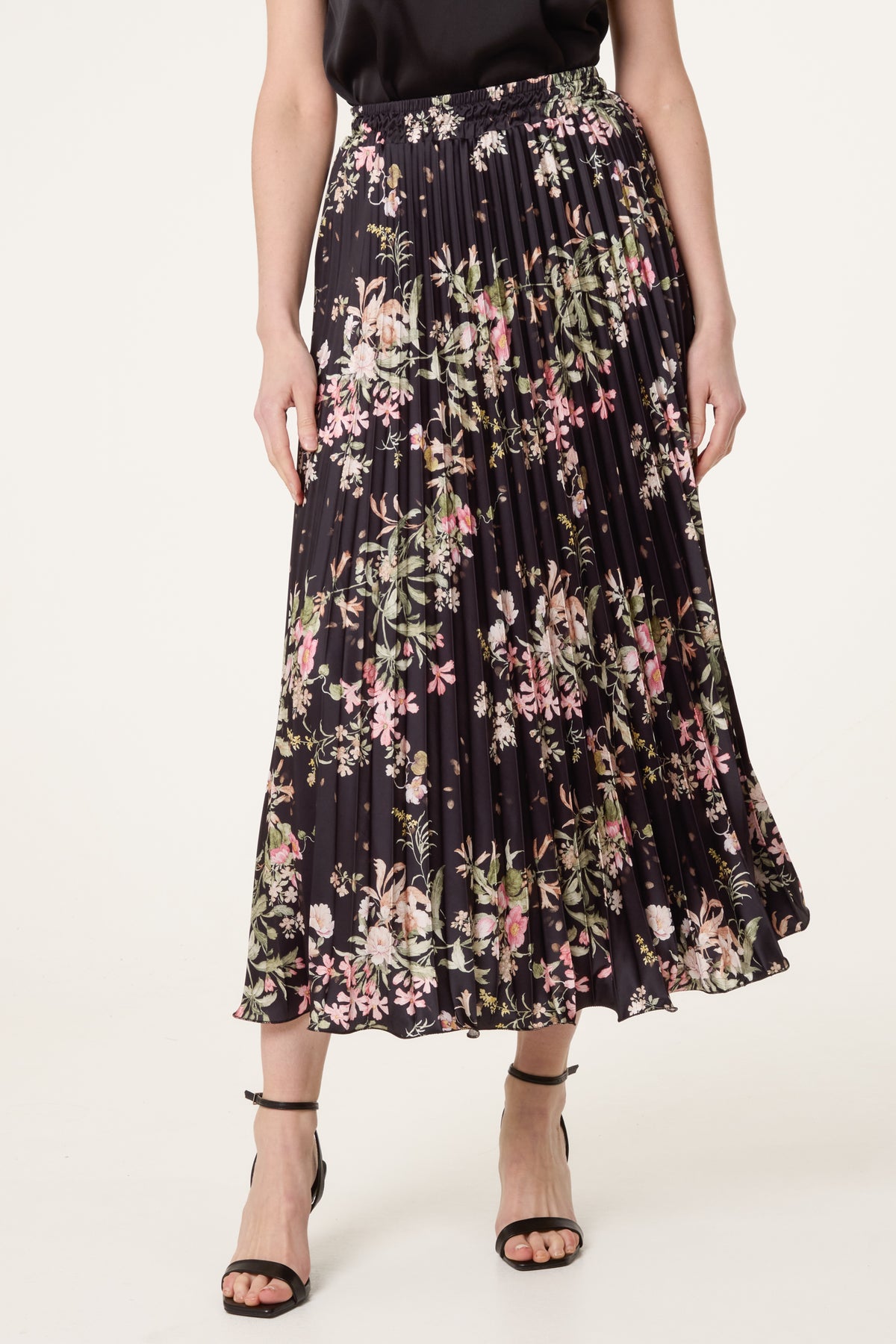 Floral Satin Pleated Midi Skirt