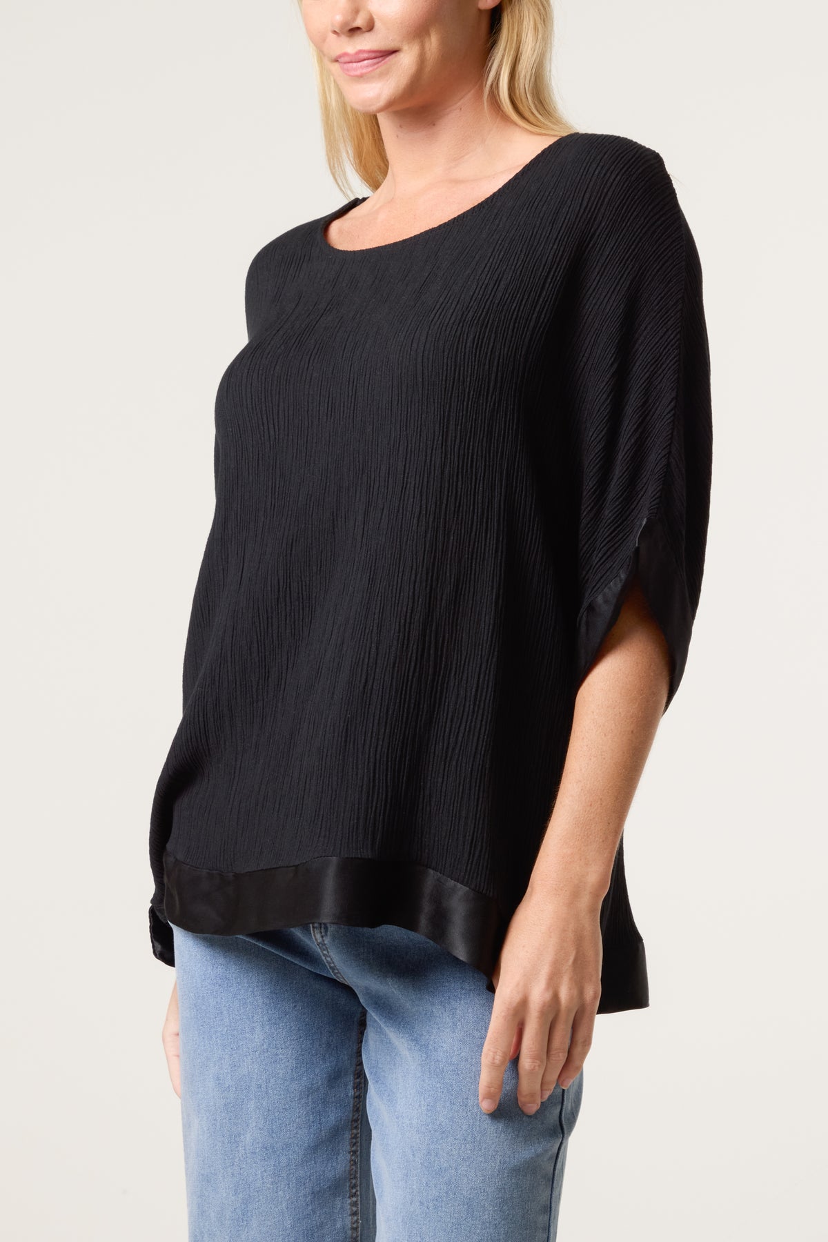 Crinkle Fabric Satin Trim Top