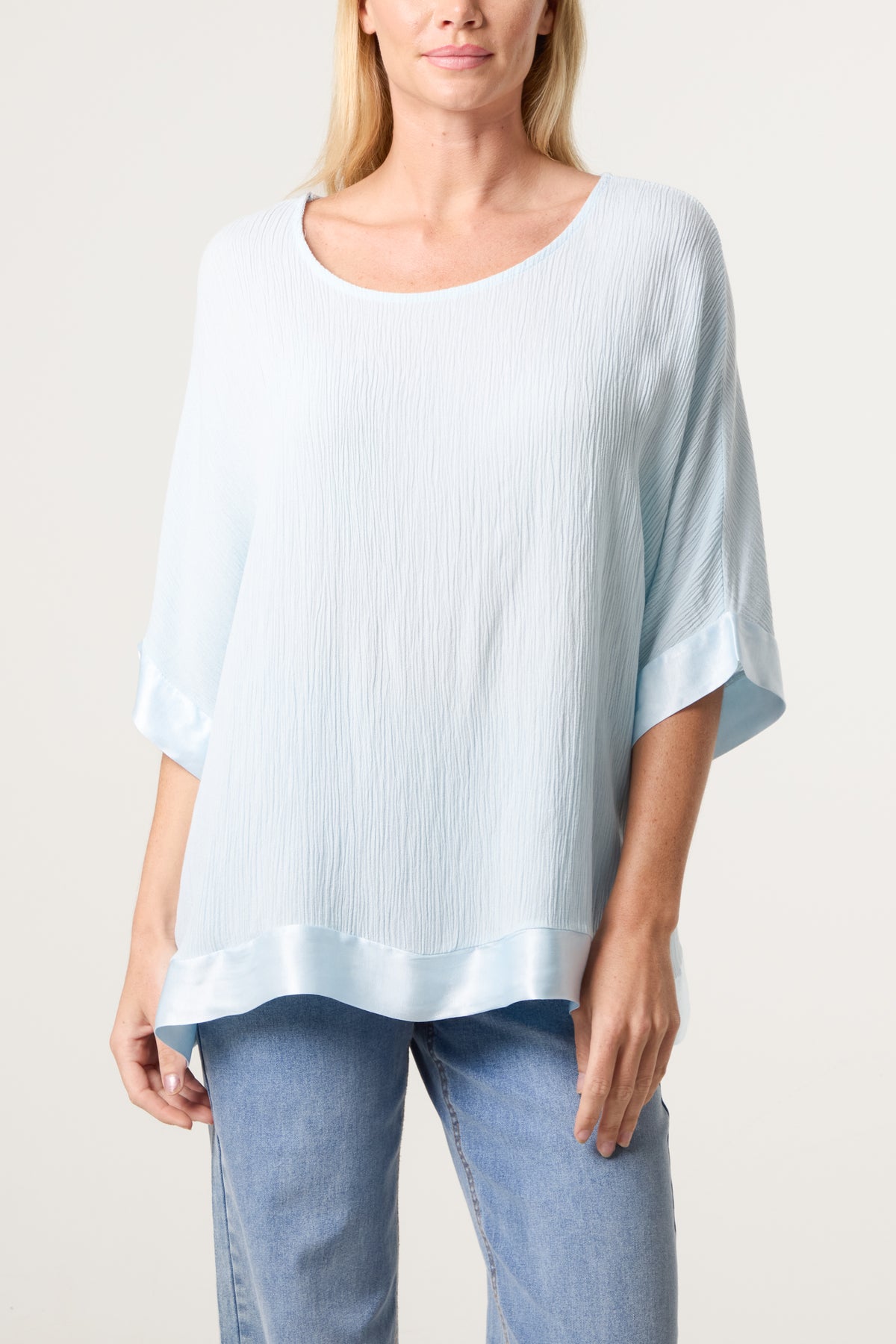 Crinkle Fabric Satin Trim Top