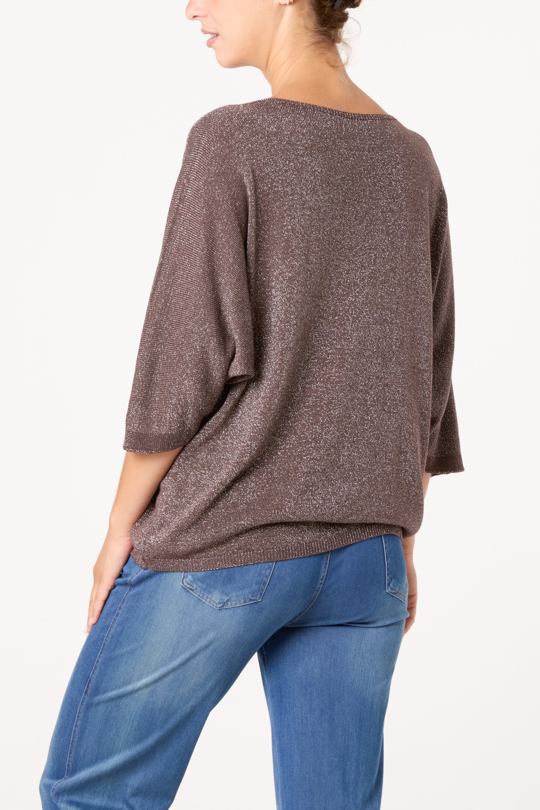 Sparkly Effect V-Neck 3/4 Sleeve Knit Top
