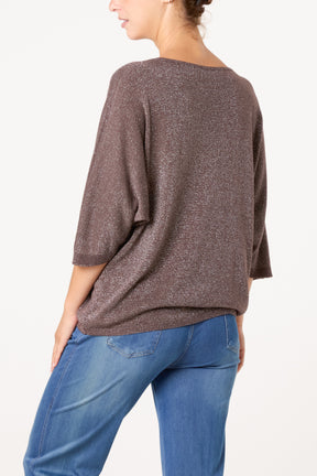 Sparkly Effect V-Neck 3/4 Sleeve Knit Top