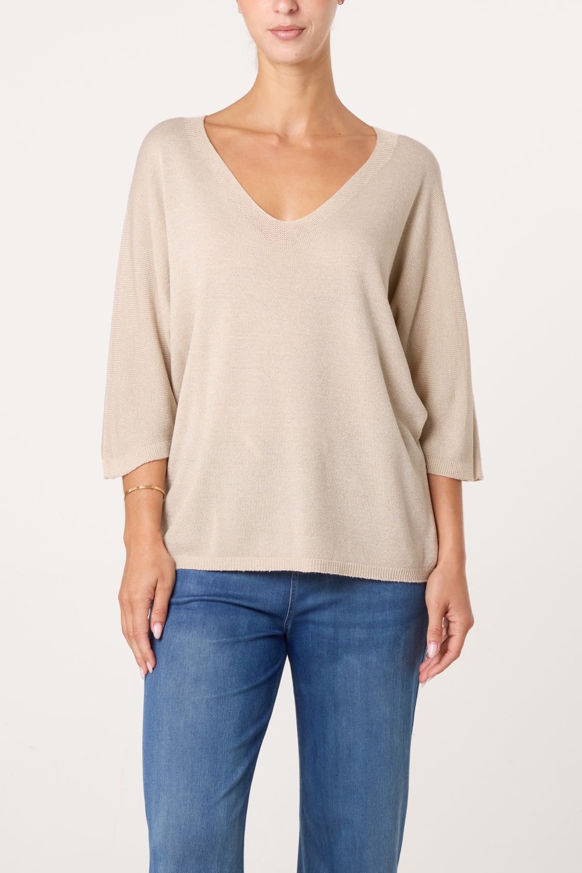 Sparkly Effect V-Neck 3/4 Sleeve Knit Top