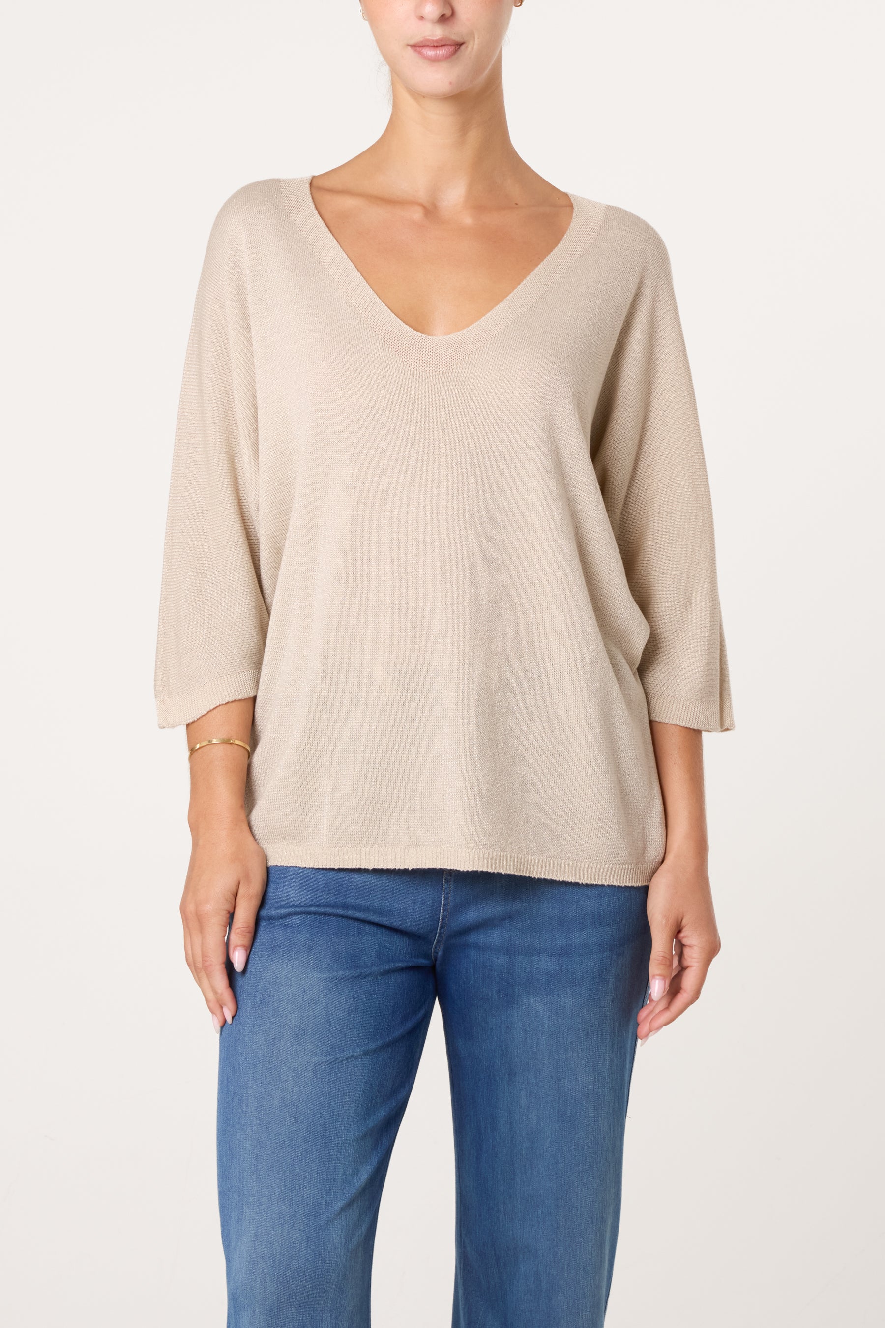 Sparkly Effect V-Neck 3/4 Sleeve Knit Top