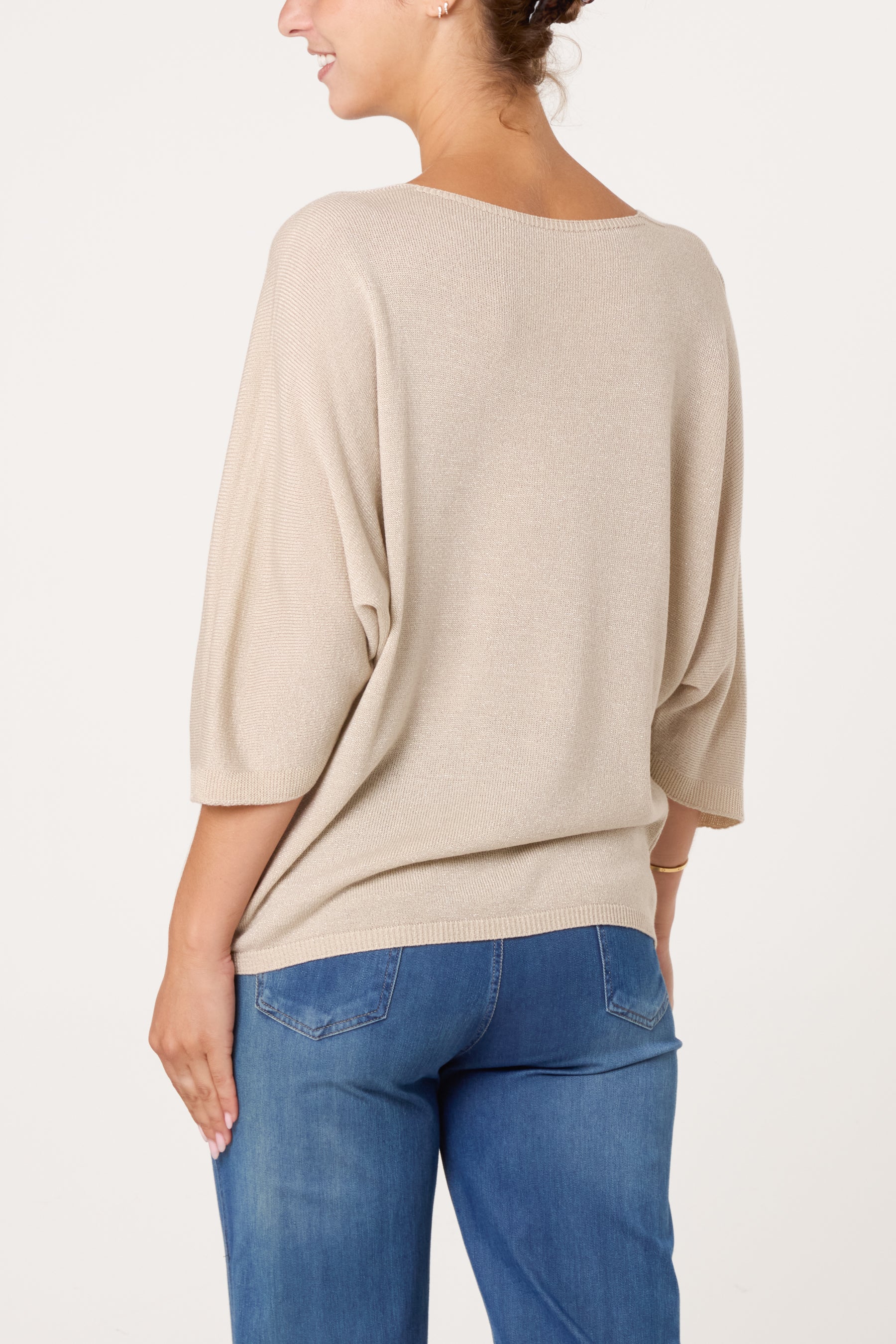 Sparkly Effect V-Neck 3/4 Sleeve Knit Top