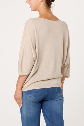 Sparkly Effect V-Neck 3/4 Sleeve Knit Top