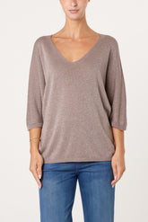 Sparkly Effect V-Neck 3/4 Sleeve Knit Top