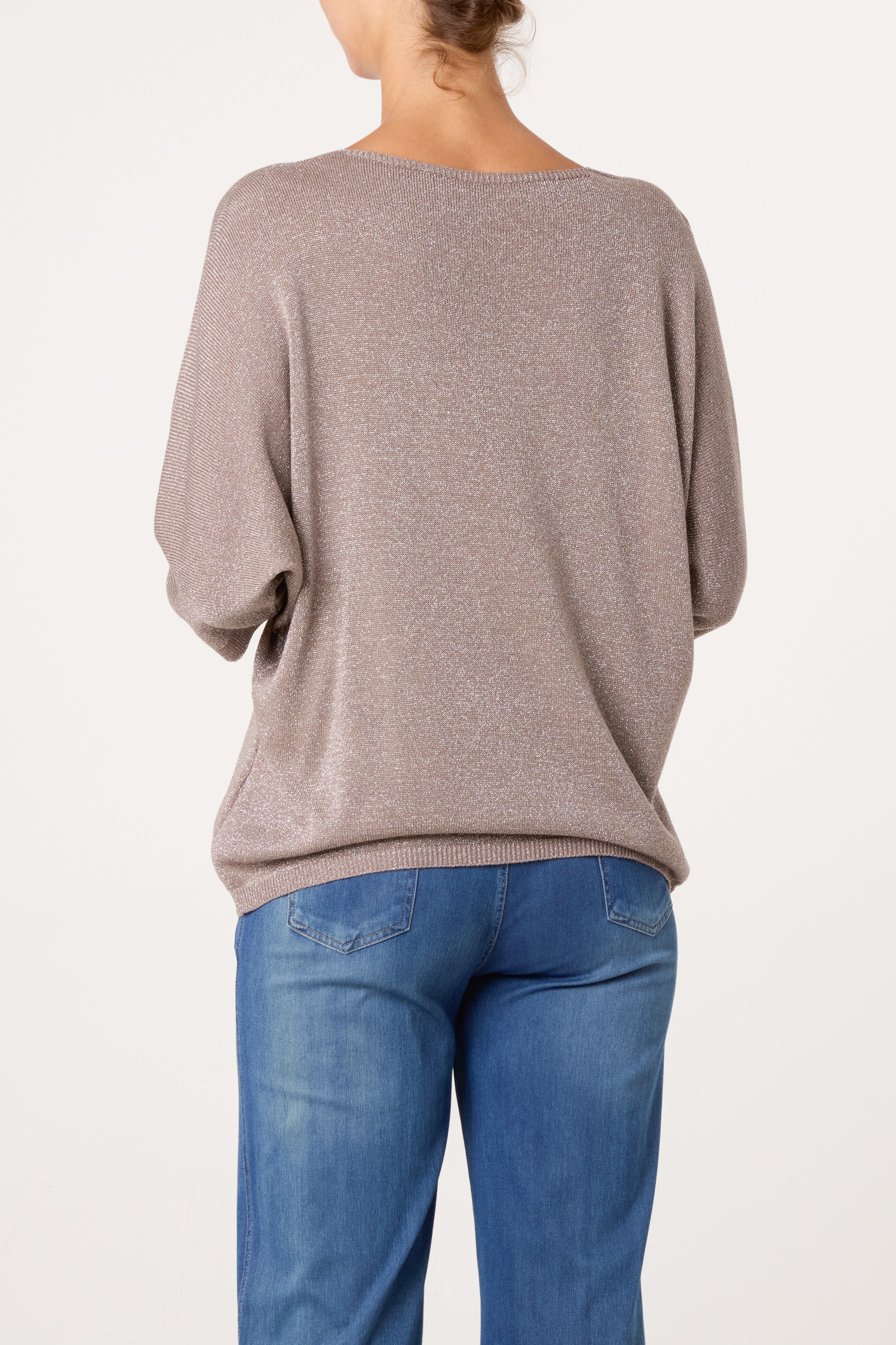 Sparkly Effect V-Neck 3/4 Sleeve Knit Top