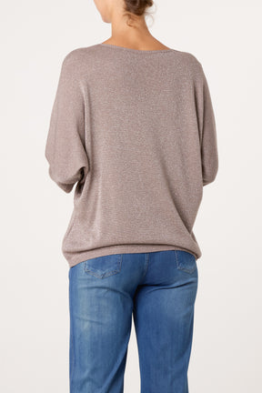 Sparkly Effect V-Neck 3/4 Sleeve Knit Top