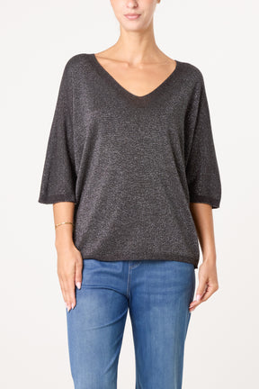 Sparkly Effect V-Neck 3/4 Sleeve Knit Top