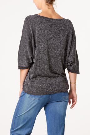 Sparkly Effect V-Neck 3/4 Sleeve Knit Top