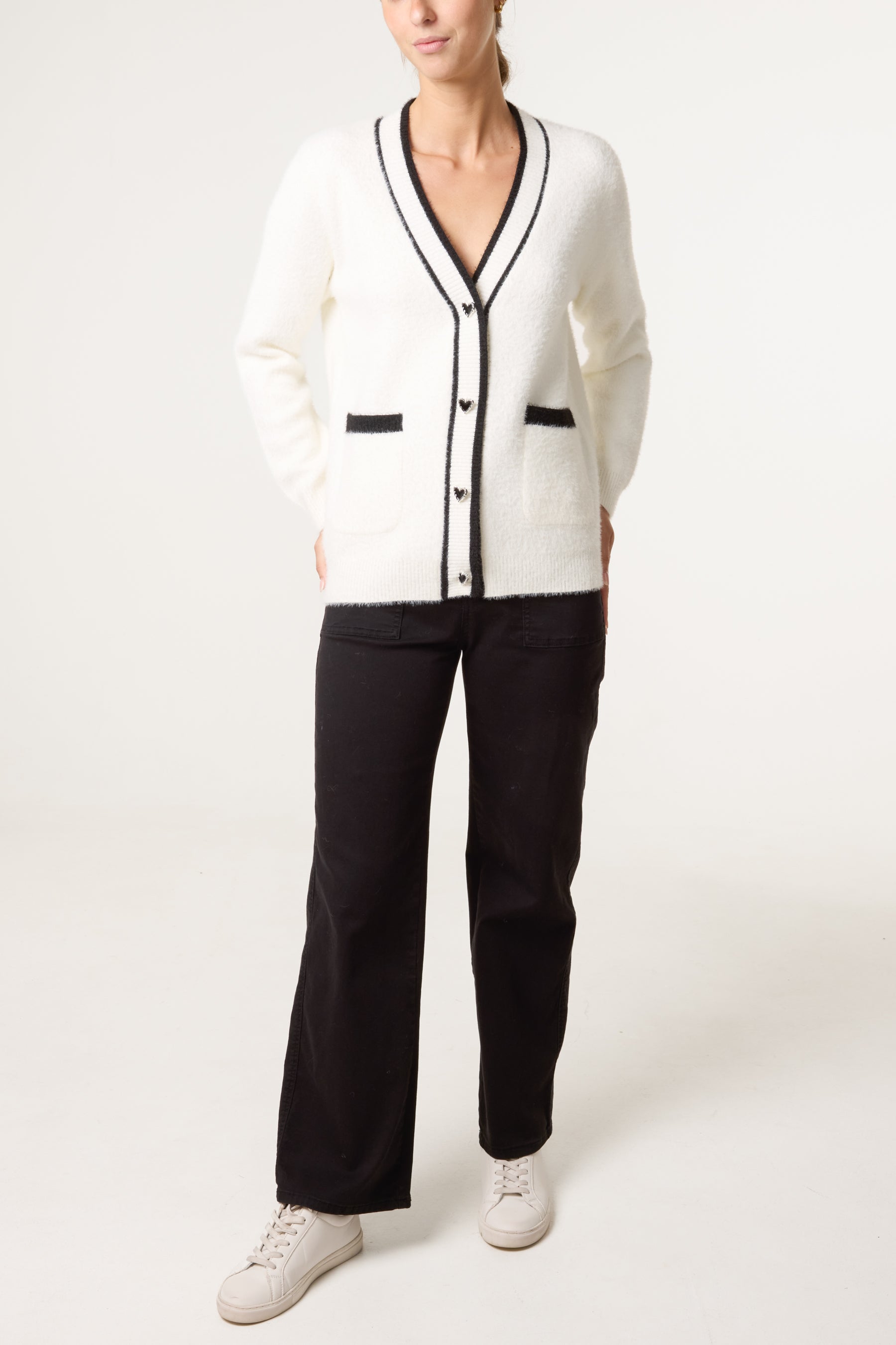 Contrast Hem Heart Button Luxury Knit Cardigan