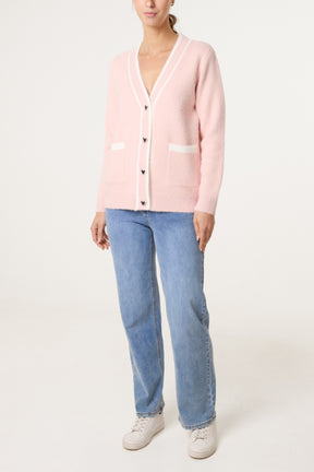 Contrast Hem Heart Button Luxury Knit Cardigan