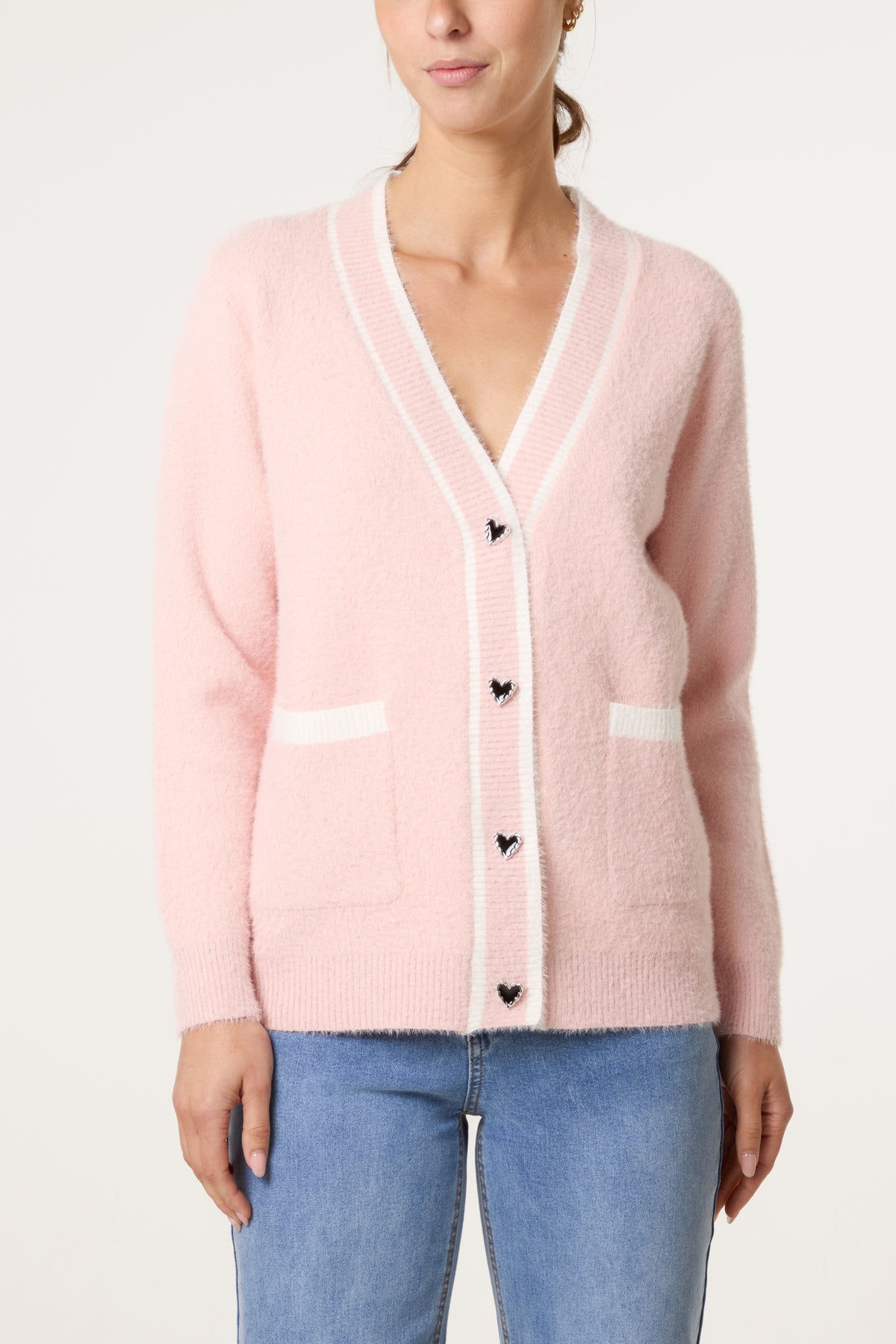 Contrast Hem Heart Button Luxury Knit Cardigan