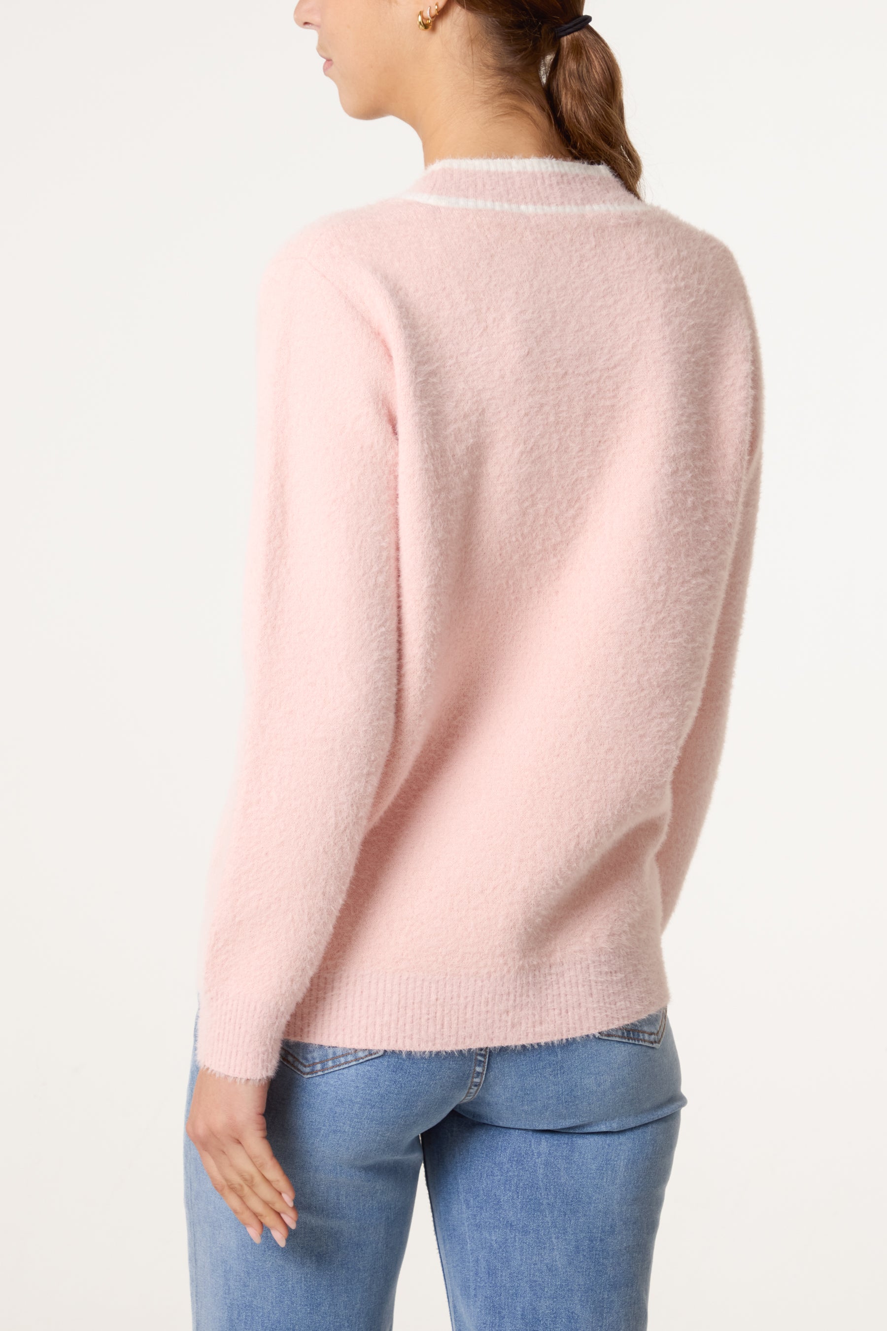 Contrast Hem Heart Button Luxury Knit Cardigan