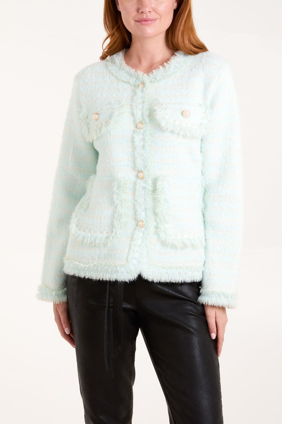 Pearl Button Check Knit Cardigan