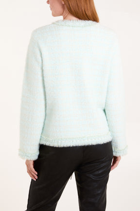 Pearl Button Check Knit Cardigan Jacket