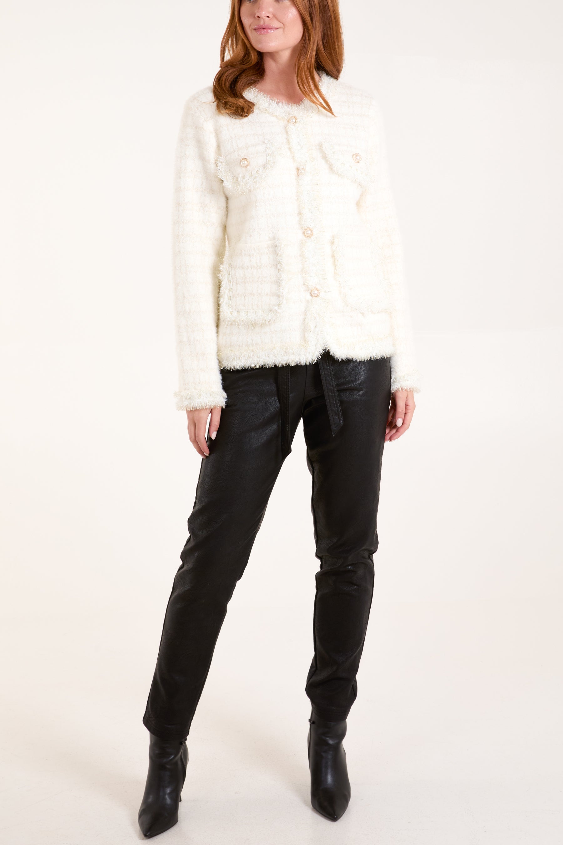 Fluffy Sparkle Knit Pearl Pocket Cardigan