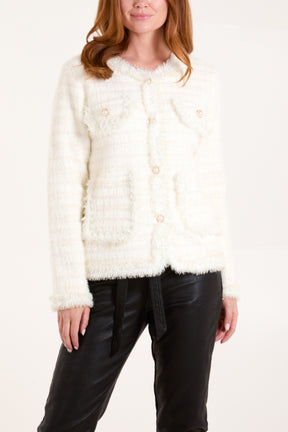 Pearl Button Check Knit Cardigan Jacket