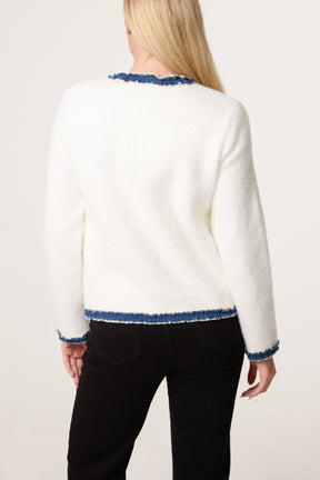 Denim Detail Pearl Button Knit Cardigan