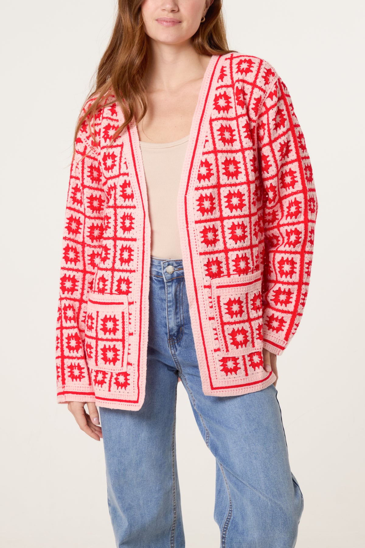 Squares & Floral Crochet Cardigan