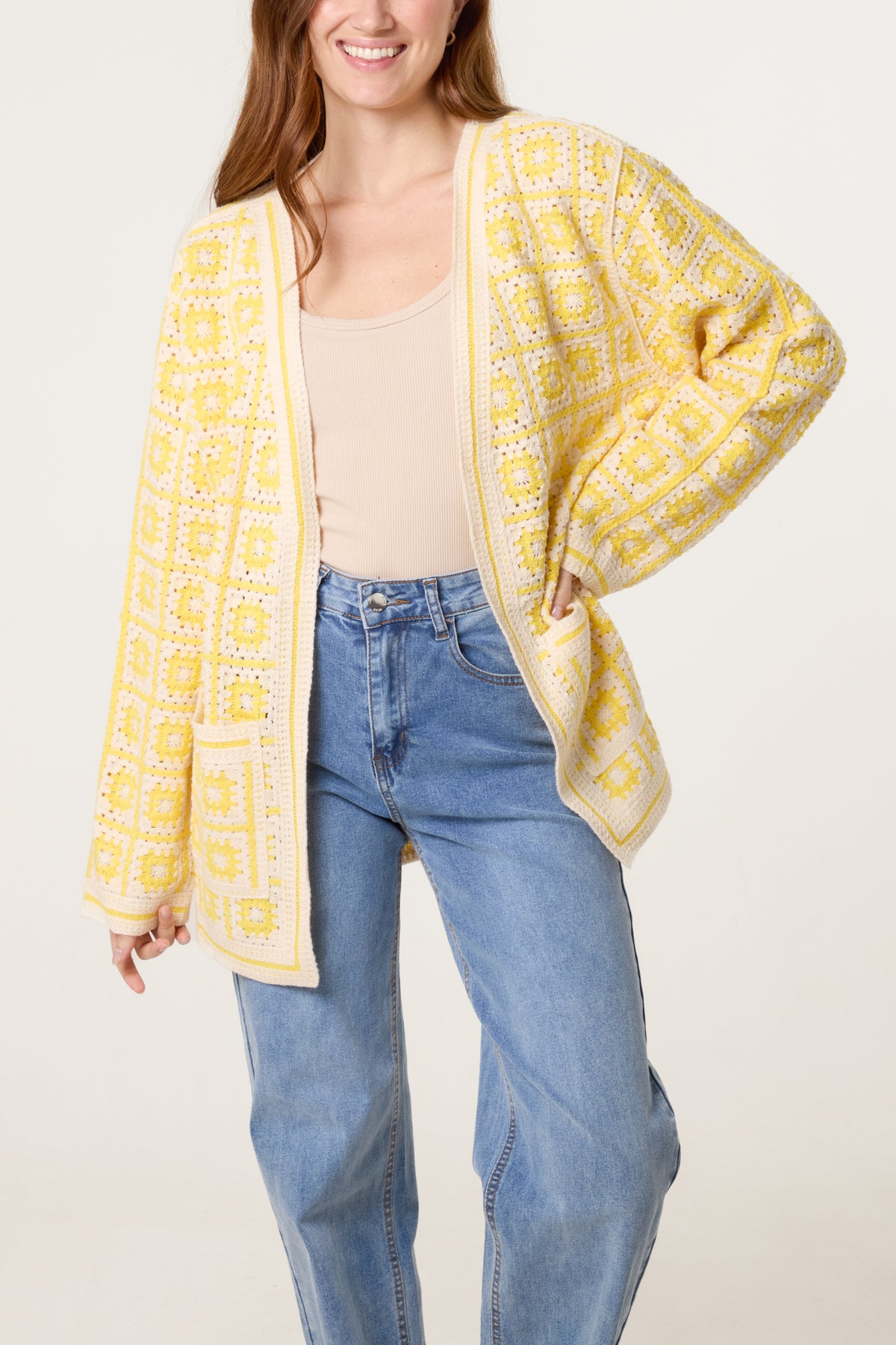 Squares & Floral Crochet Cardigan