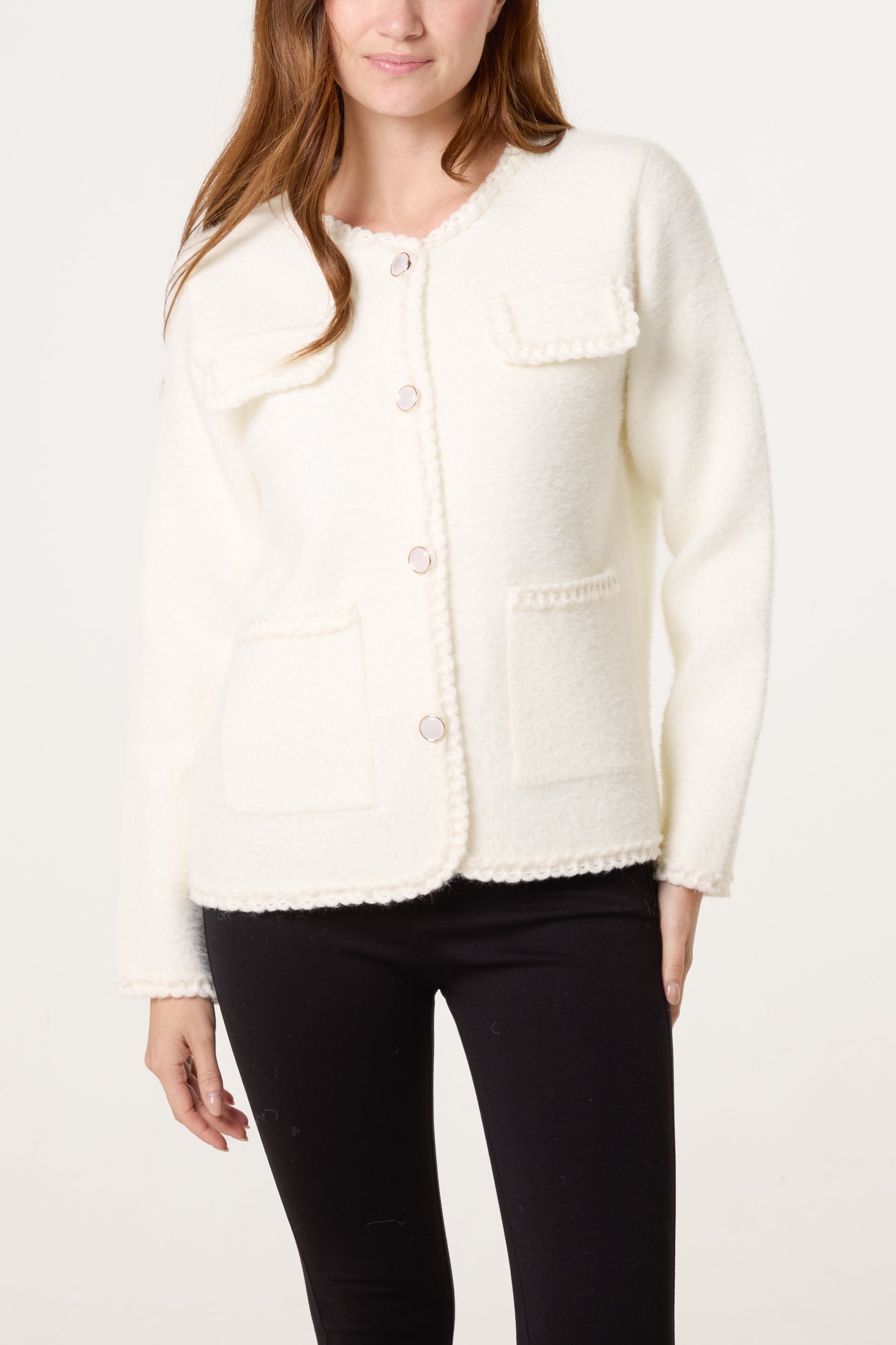 Rope Detail & Pearl Button Knit Cardigan