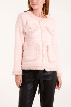 Pearl Button Check Knit Cardigan Jacket