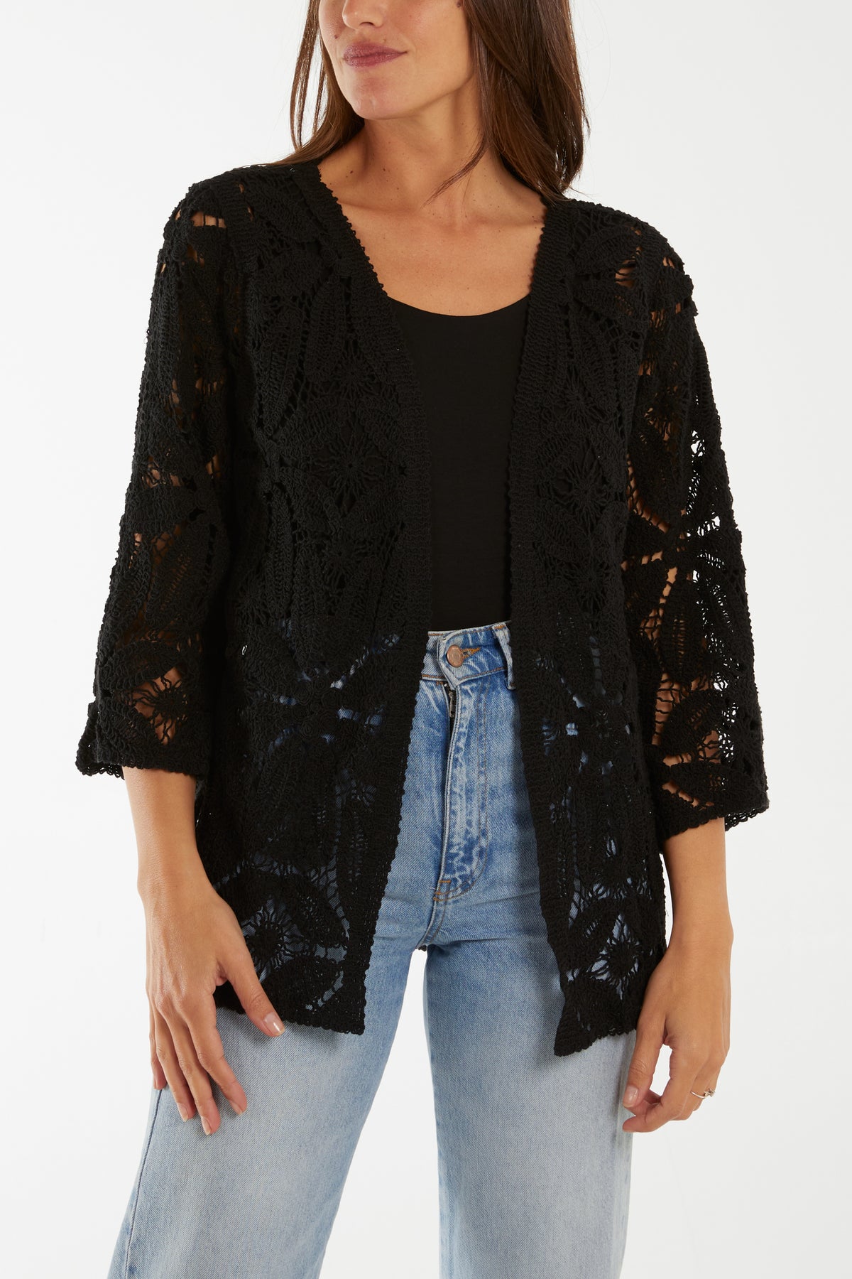 Floral Crochet 3/4 Sleeve Cardigan