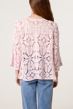 Floral Crochet 3/4 Sleeve Cardigan