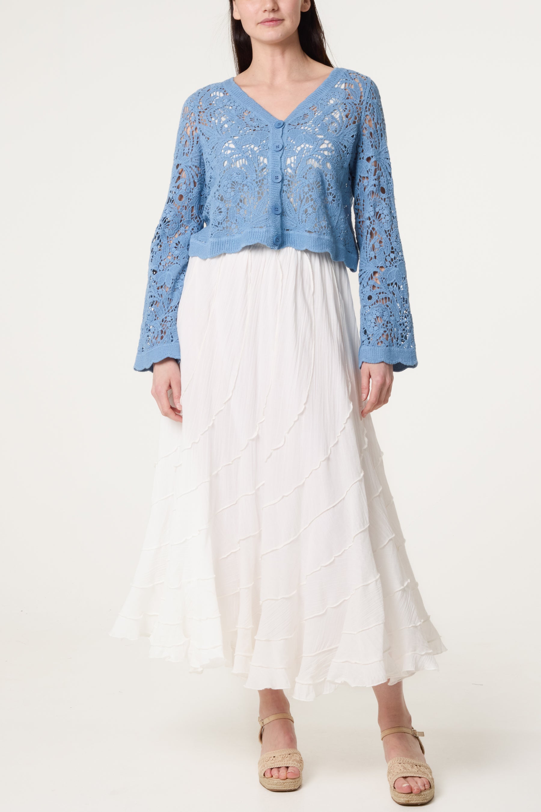 Crochet V Neck Flower Pattern Cardigan