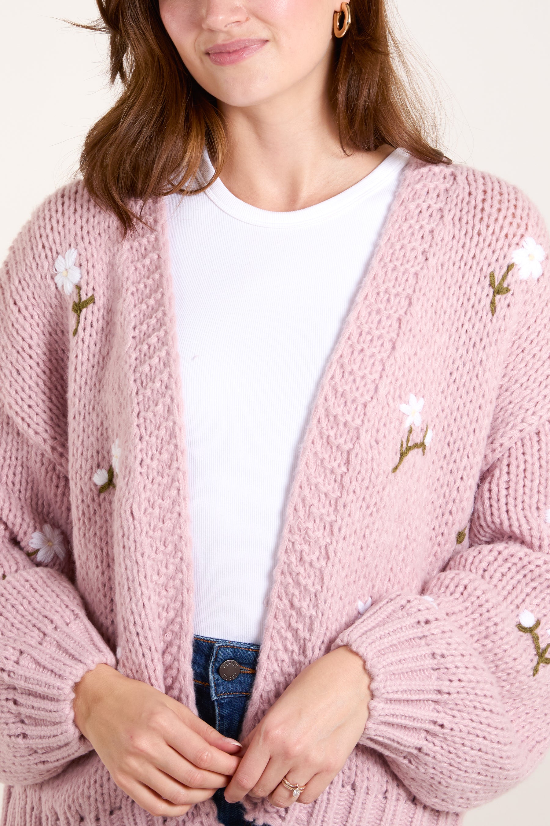 Chunky Knit Flower Embroidered Cardigan
