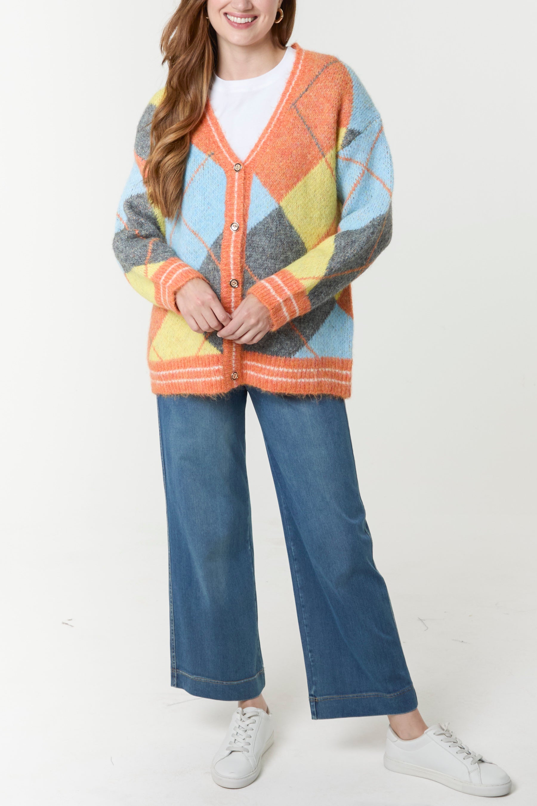 Colour Block Argyle Knit Cardigan