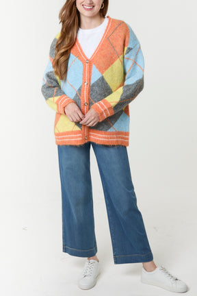 Colour Block Argyle Knit Cardigan